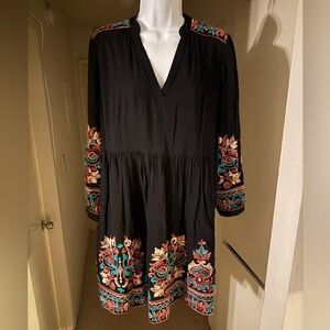 Floreat Embroidered Black Tunic Dress with Multicolor Accents - Size S